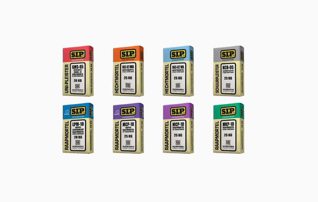 Een selectie verpakte afbouwmortels uit het assortiment van SLP