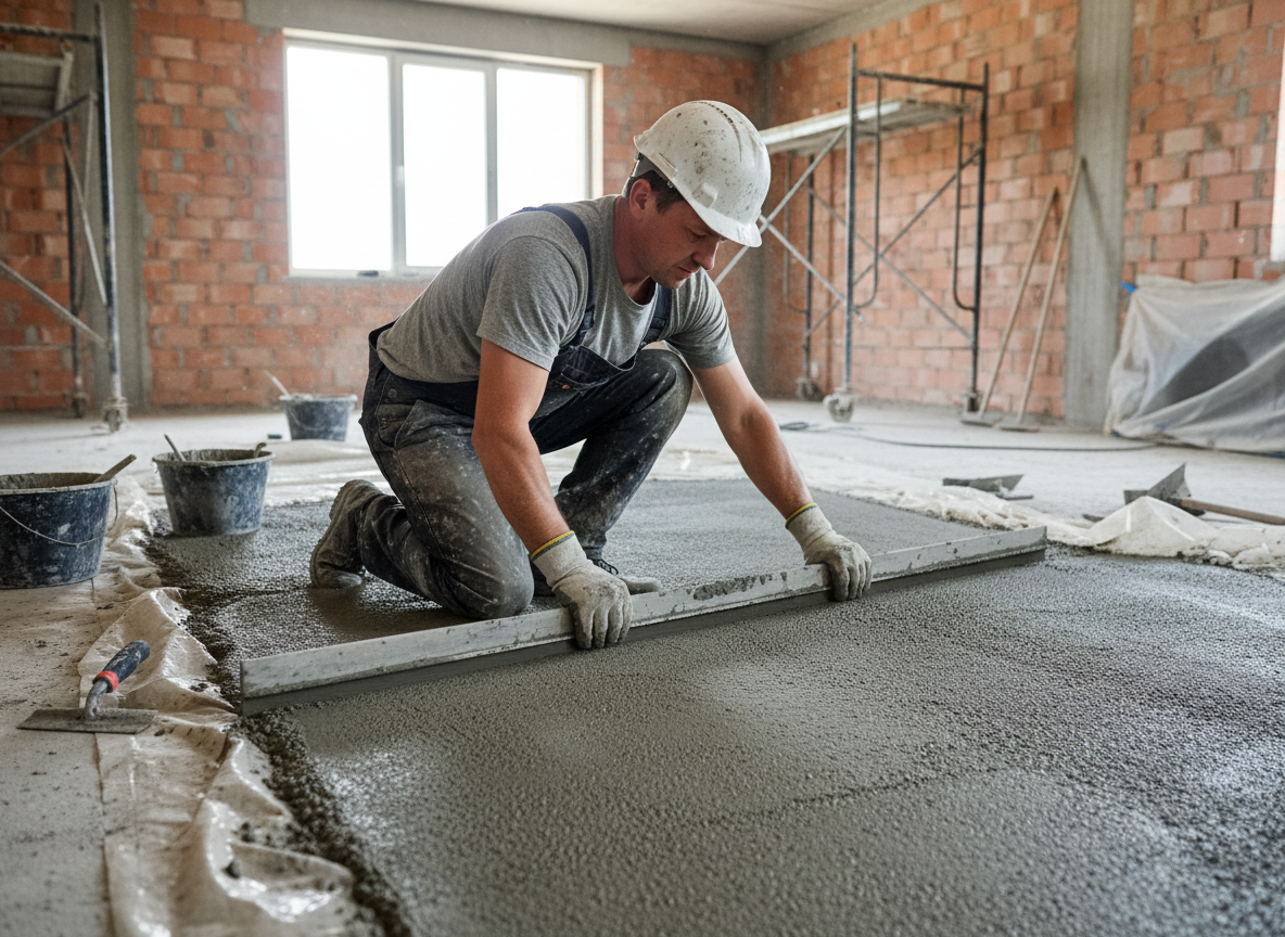 Man die cementdekvloer aan het afstrijken is