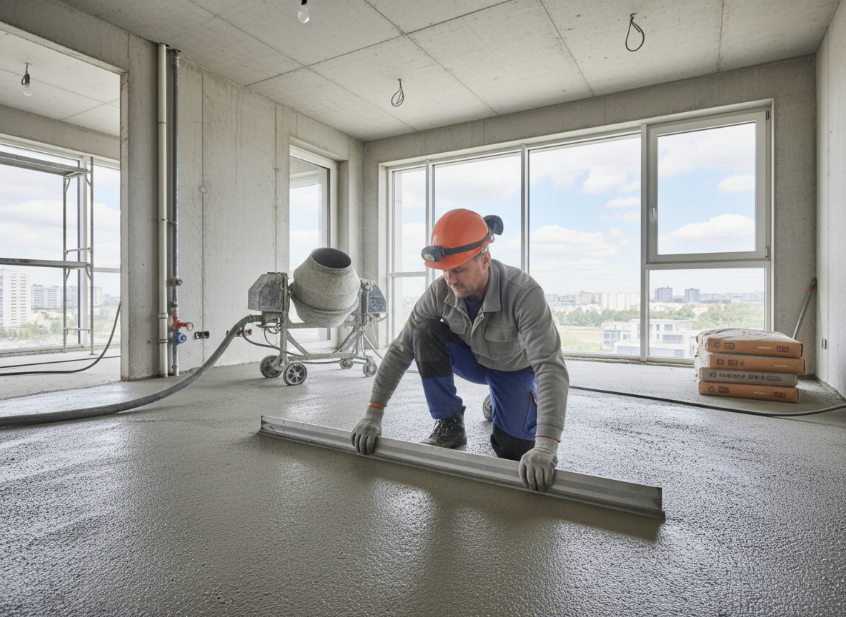 Man die cementdekvloer aan het afstrijken is