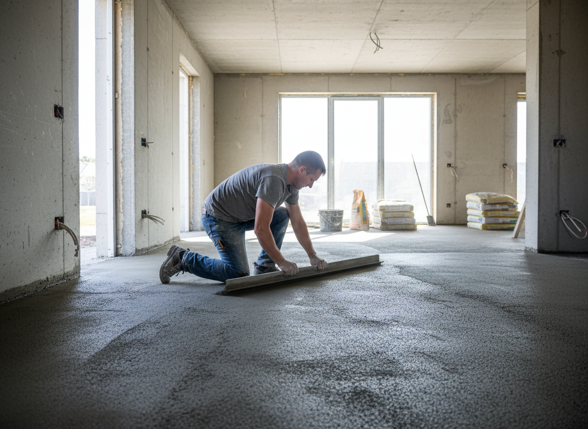 Man die cementdekvloer aan het afstrijken is